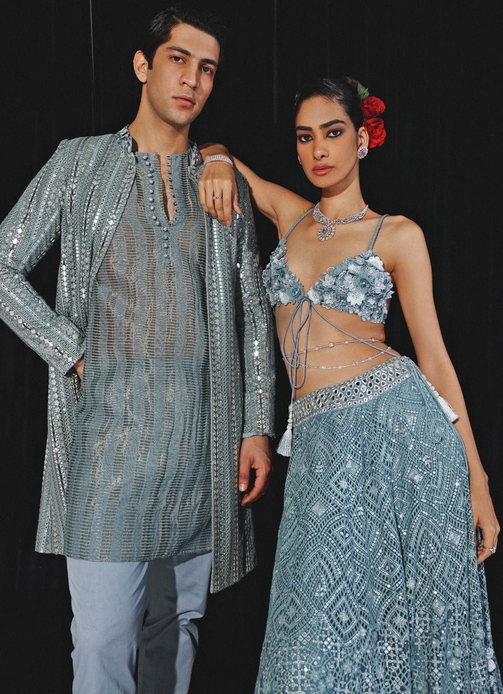 Blue Lehenga With Mirror Work And Applique Floral Bralette Twenty Nine - Fabilicious Fashion