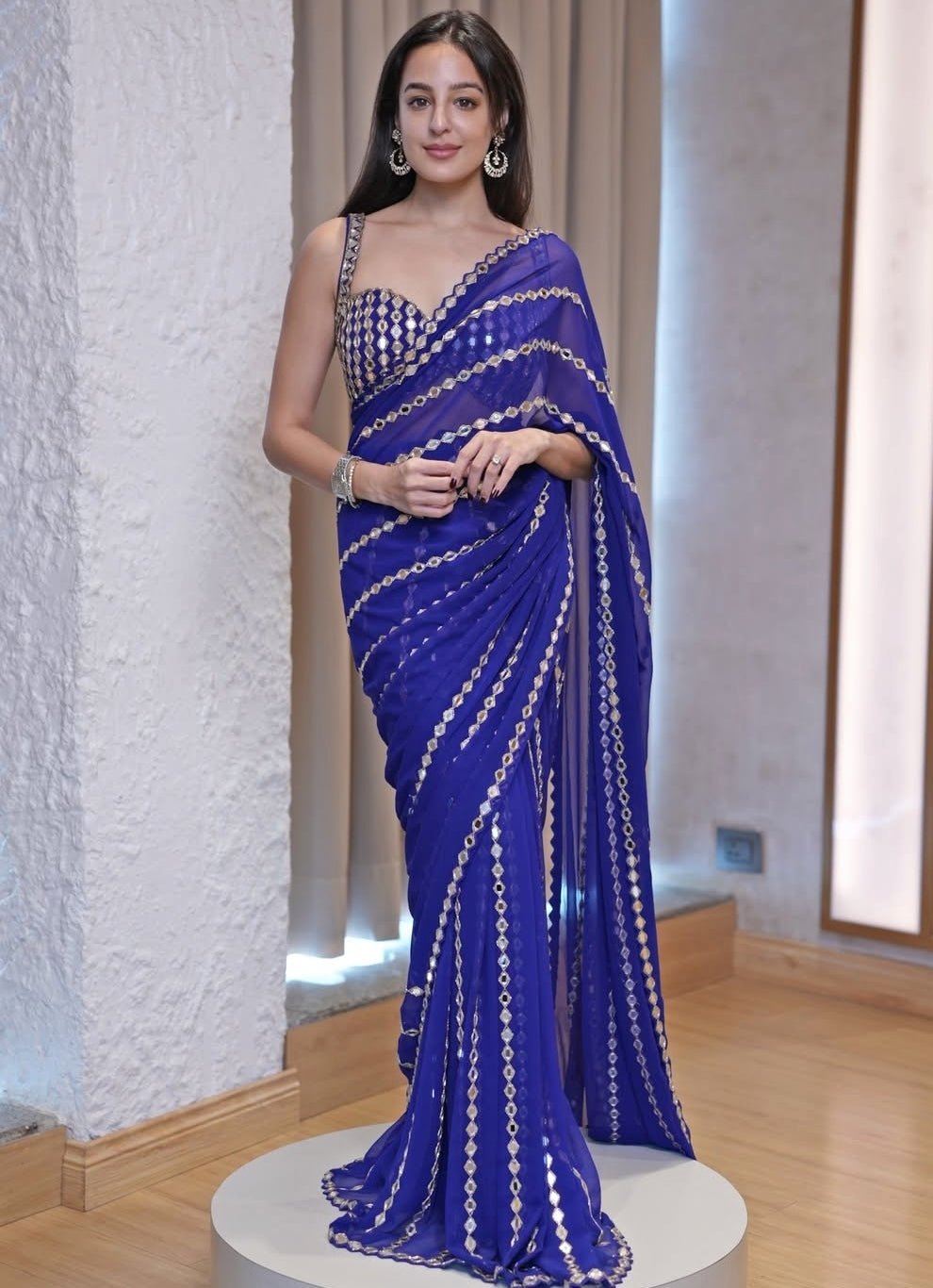 Blue Linear Saree With Embroidered Mirror Blouse Vvani by Vani Vats - Fabilicious Fashion