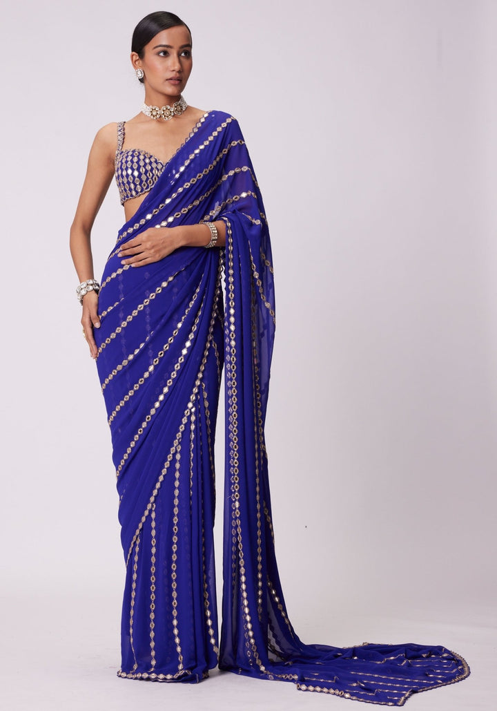 Blue Linear Saree With Embroidered Mirror Blouse Vvani by Vani Vats - Fabilicious Fashion