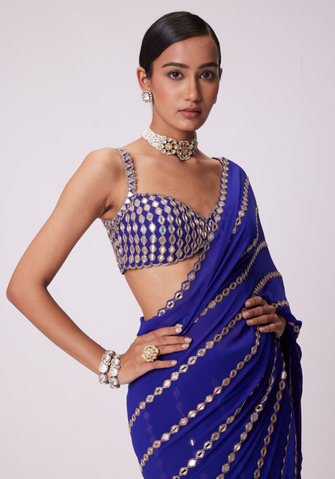 Blue Linear Saree With Embroidered Mirror Blouse Vvani by Vani Vats - Fabilicious Fashion