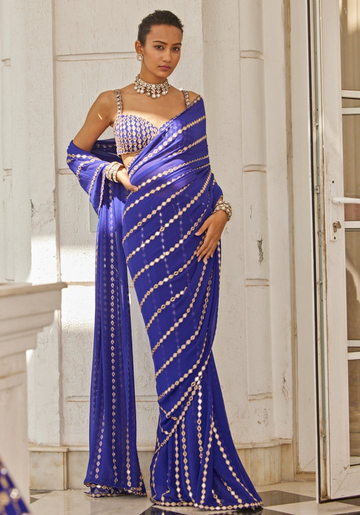 Blue Linear Saree With Embroidered Mirror Blouse Vvani by Vani Vats - Fabilicious Fashion