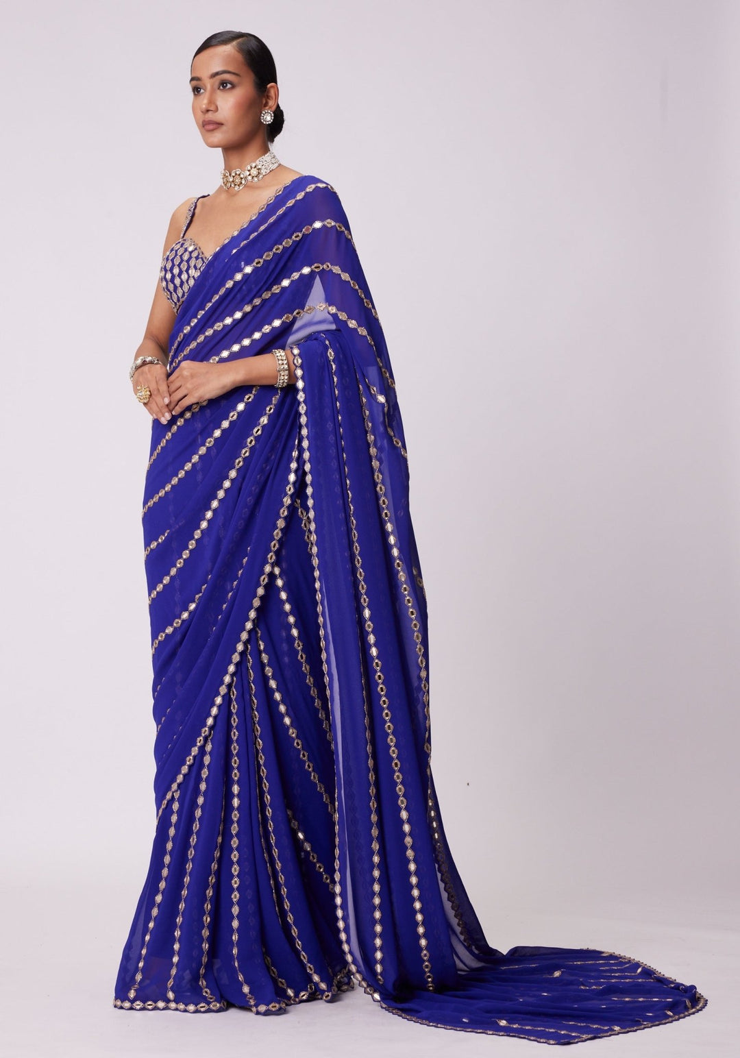 Blue Linear Saree With Embroidered Mirror Blouse Vvani by Vani Vats - Fabilicious Fashion