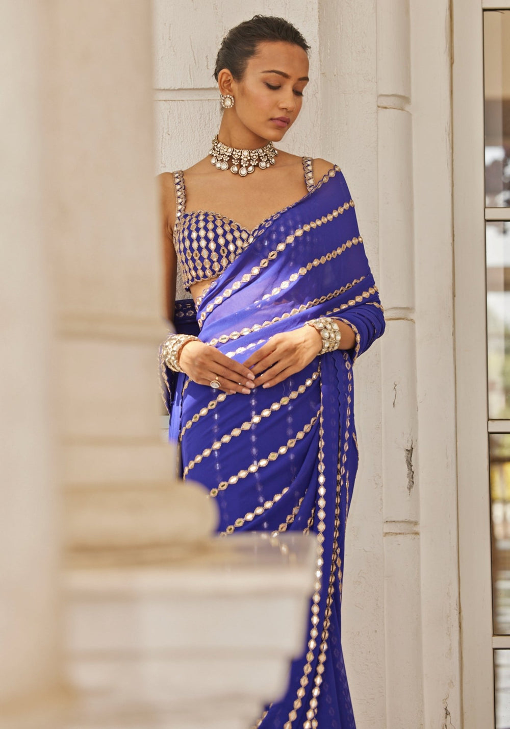 Blue Linear Saree With Embroidered Mirror Blouse Vvani by Vani Vats - Fabilicious Fashion