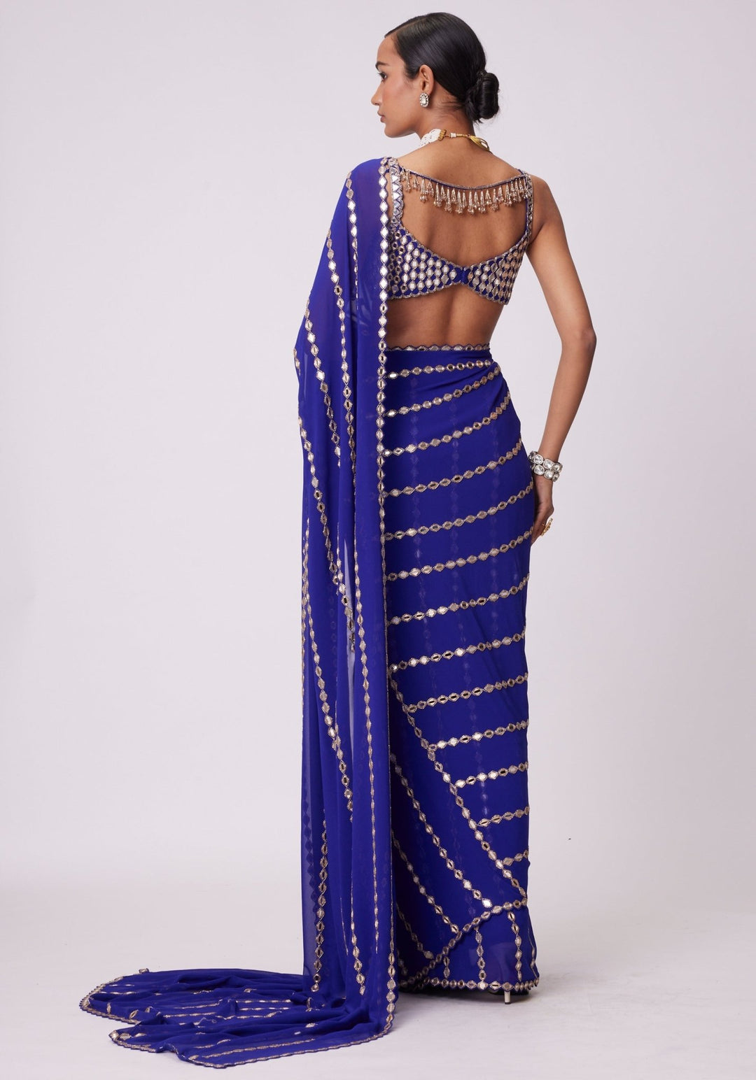 Blue Linear Saree With Embroidered Mirror Blouse Vvani by Vani Vats - Fabilicious Fashion