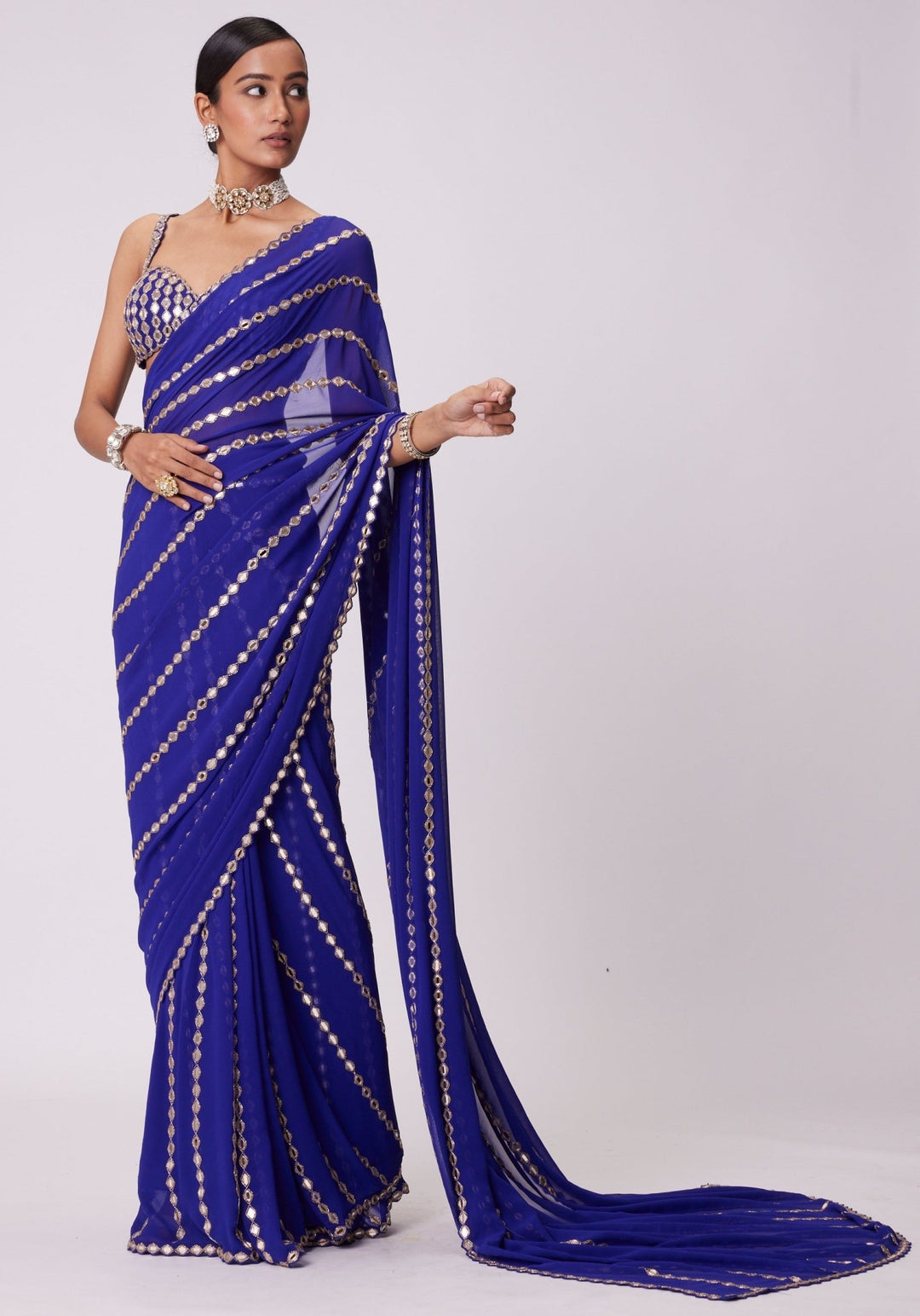 Blue Linear Saree With Embroidered Mirror Blouse Vvani by Vani Vats - Fabilicious Fashion