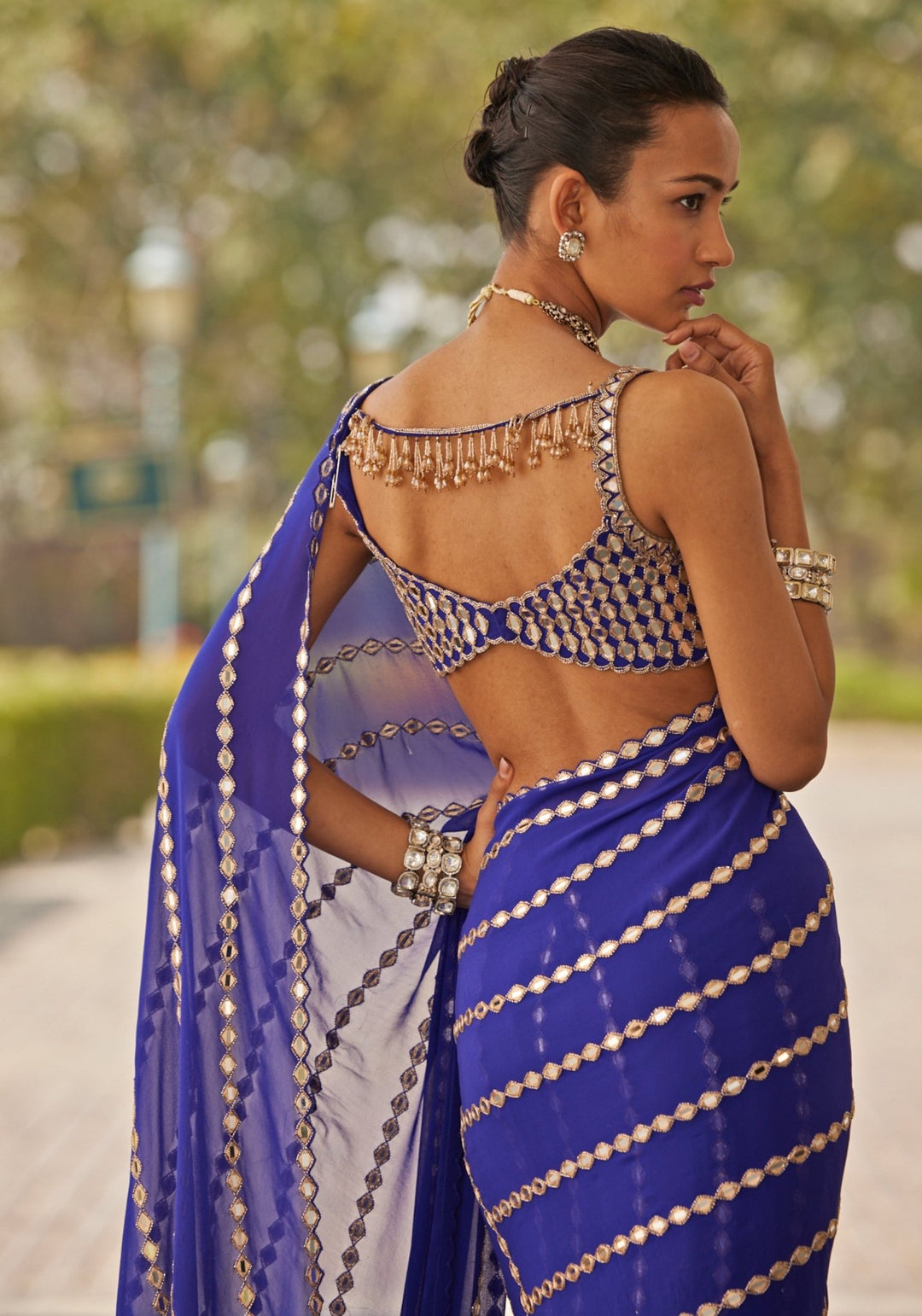 Blue Linear Saree With Embroidered Mirror Blouse Vvani by Vani Vats - Fabilicious Fashion