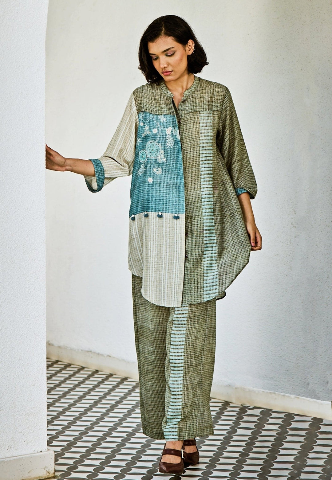 Blue Linen Kurta Pants Set Basil Leaf - Fabilicious Fashion