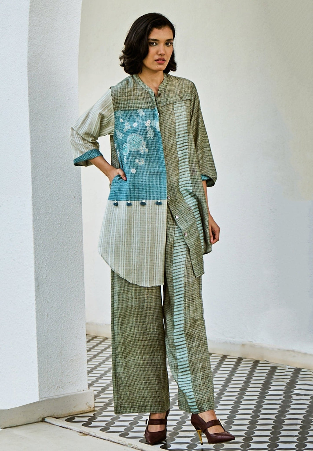 Blue Linen Kurta Pants Set Basil Leaf - Fabilicious Fashion