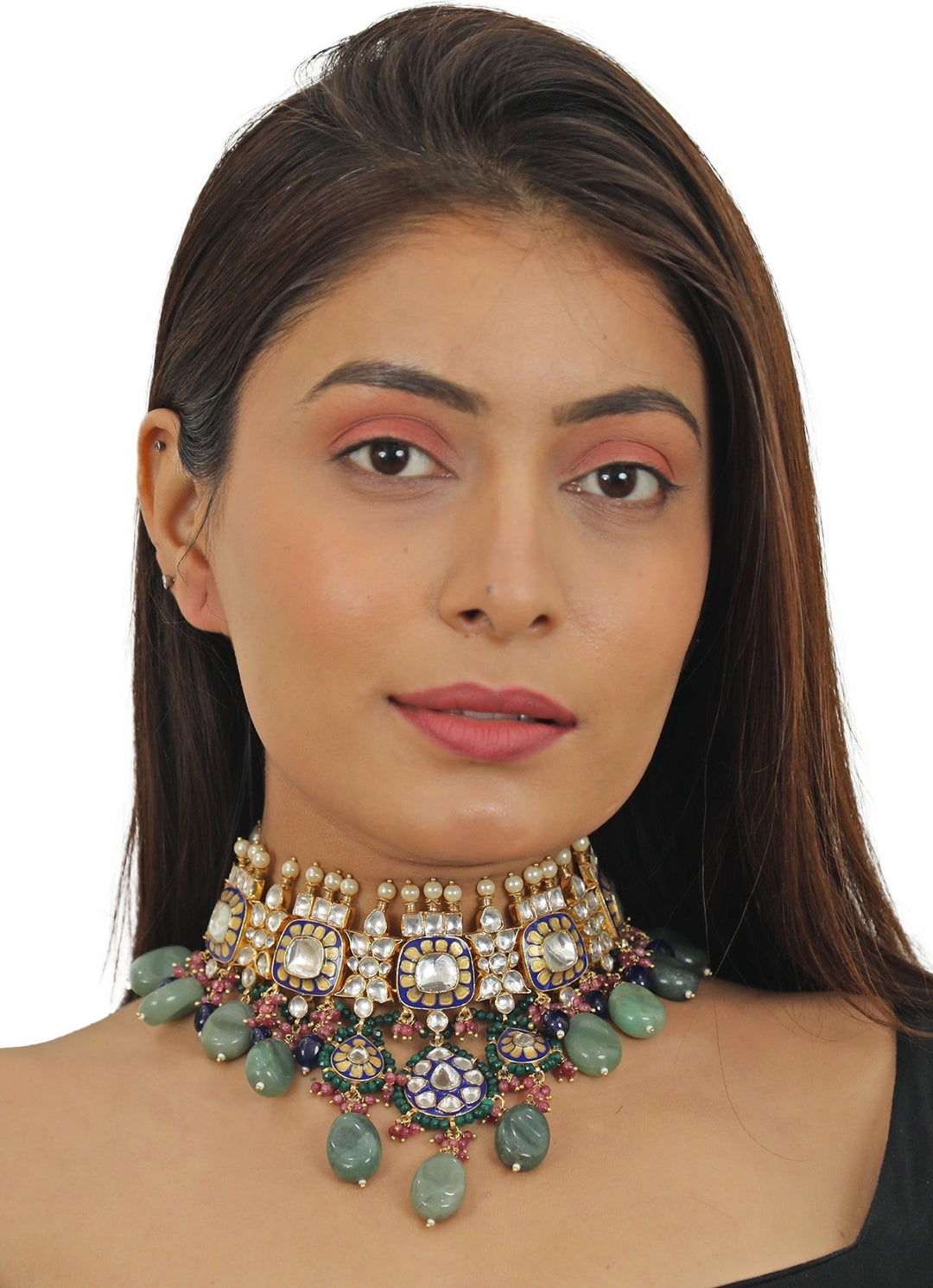Blue Meena Necklace Set With Green And Pink Beads Riana Jewellery - Fabilicious Fashion