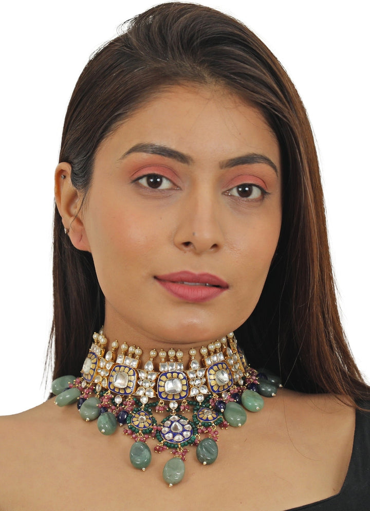 Blue Meena Necklace Set With Green And Pink Beads Riana Jewellery - Fabilicious Fashion