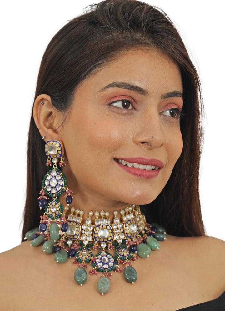 Blue Meena Necklace Set With Green And Pink Beads Riana Jewellery - Fabilicious Fashion