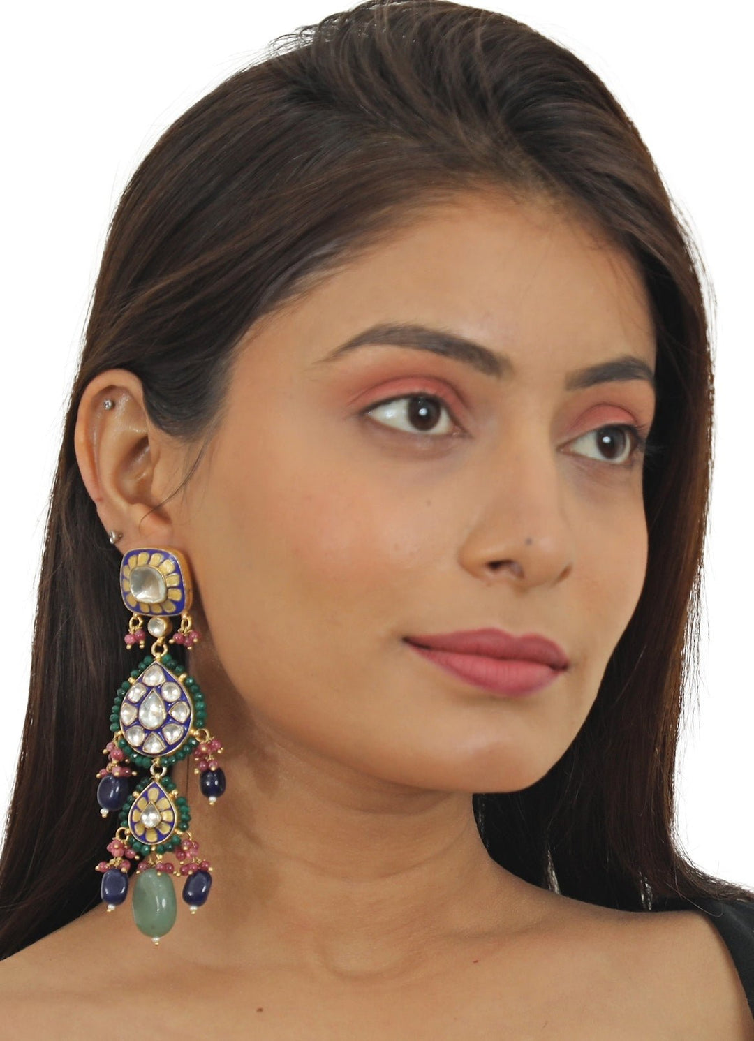 Blue Meena Necklace Set With Green And Pink Beads Riana Jewellery - Fabilicious Fashion