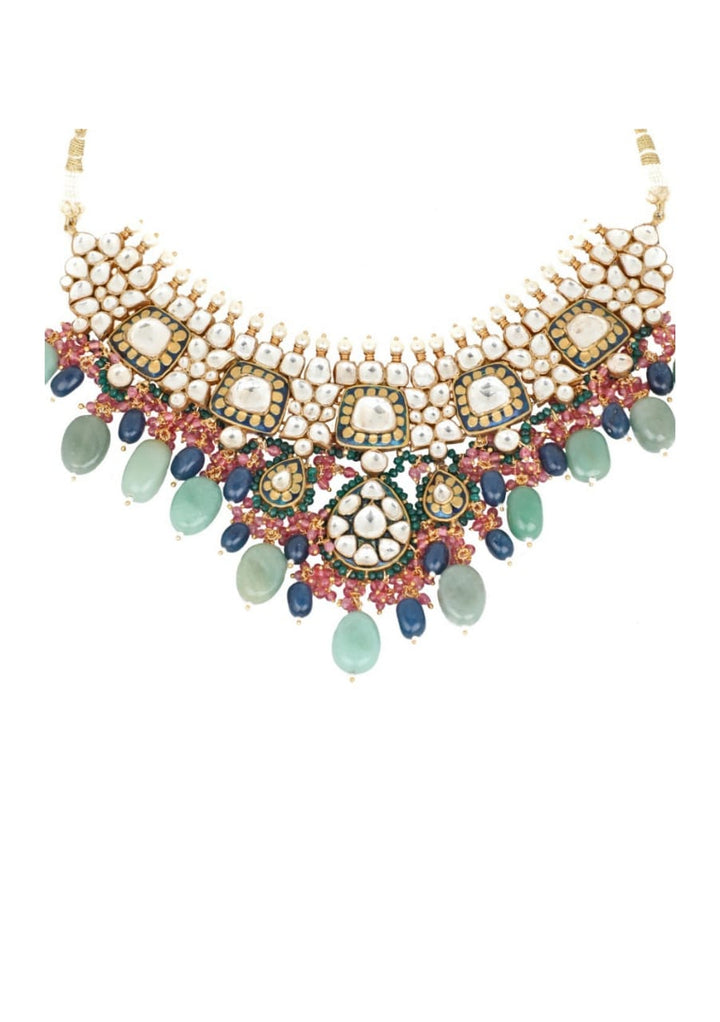 Blue Meena Necklace Set With Green And Pink Beads Riana Jewellery - Fabilicious Fashion
