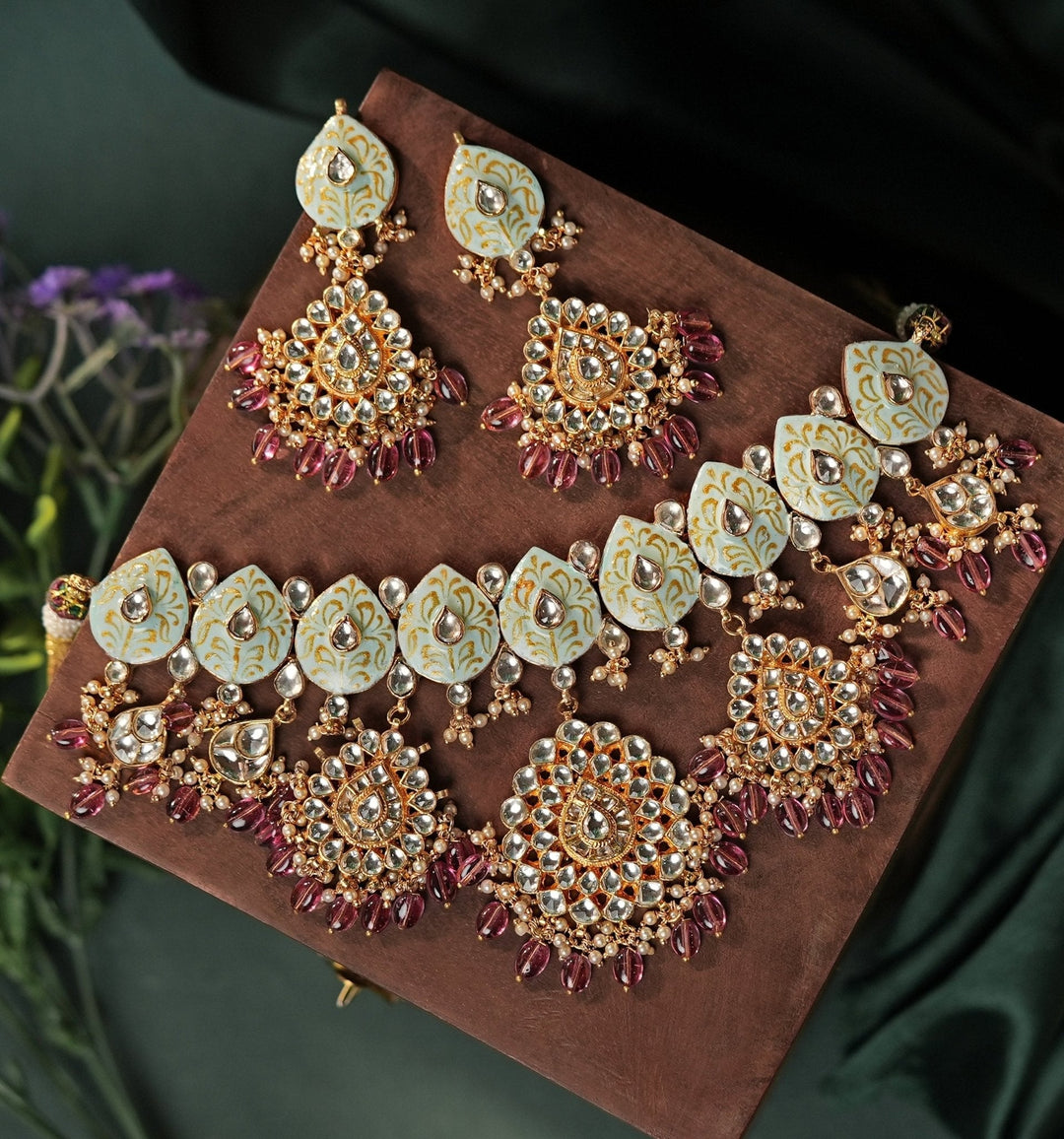 Blue Meenakari Necklace Set With Light Pink Bead Hangings Kalyani Indian Jewelry - Fabilicious Fashion