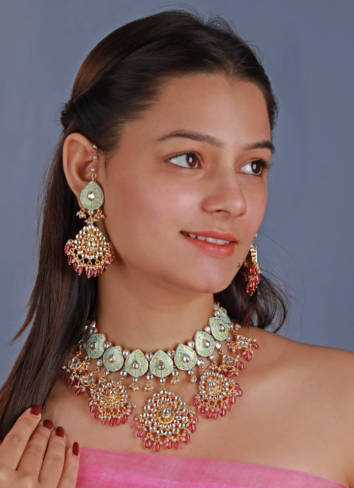 Blue Meenakari Necklace Set With Light Pink Bead Hangings Kalyani Indian Jewelry - Fabilicious Fashion