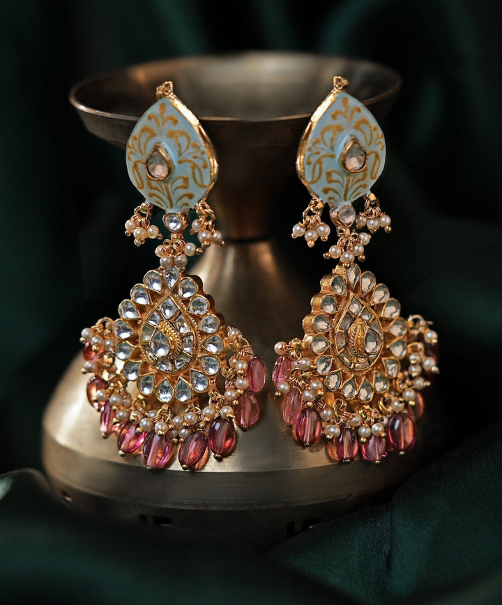 Blue Meenakari Necklace Set With Light Pink Bead Hangings Kalyani Indian Jewelry - Fabilicious Fashion