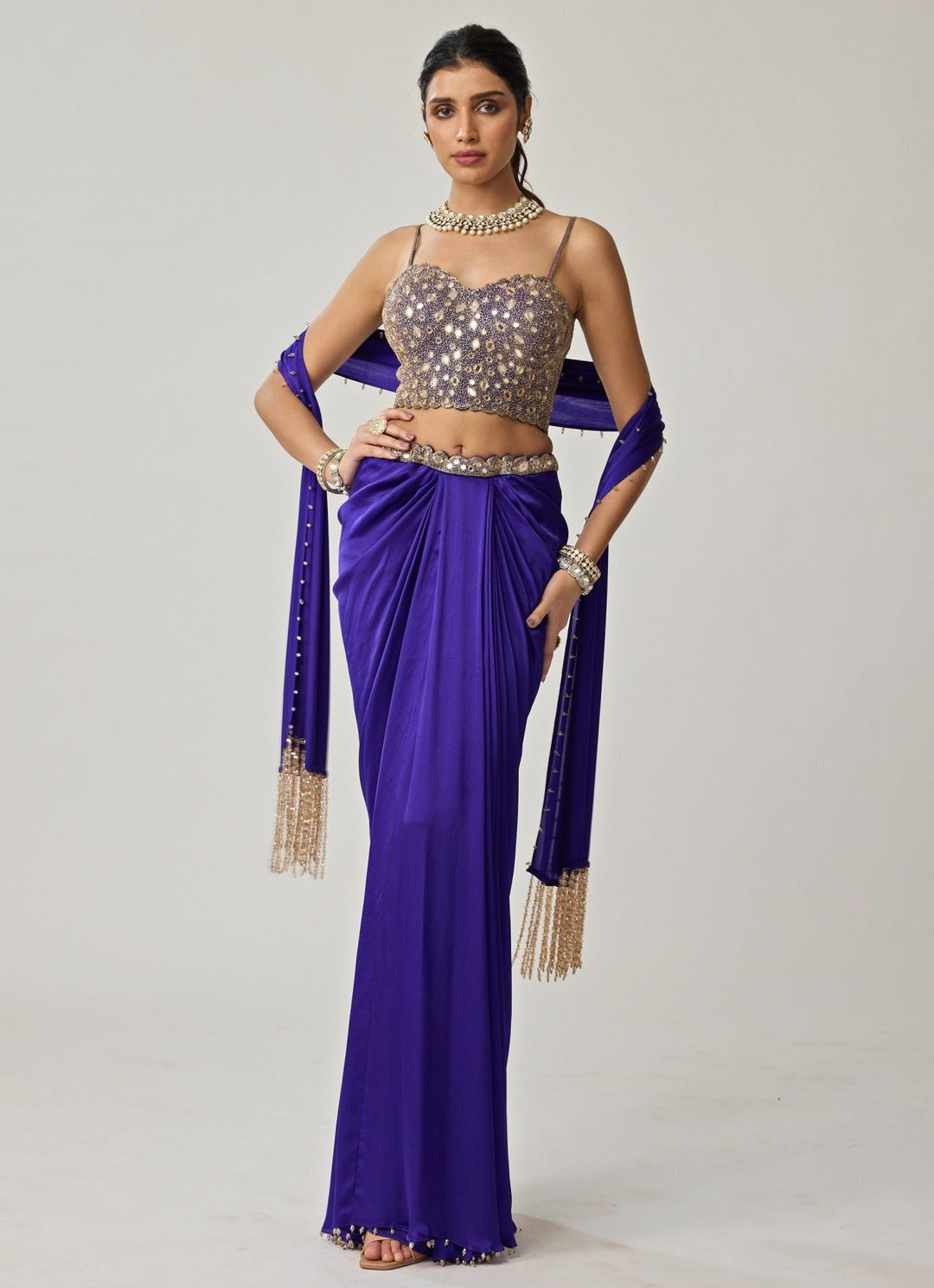 Blue Mirror Embroidered Corset With Satin Draped Skirt Vvani by Vani Vats - Fabilicious Fashion