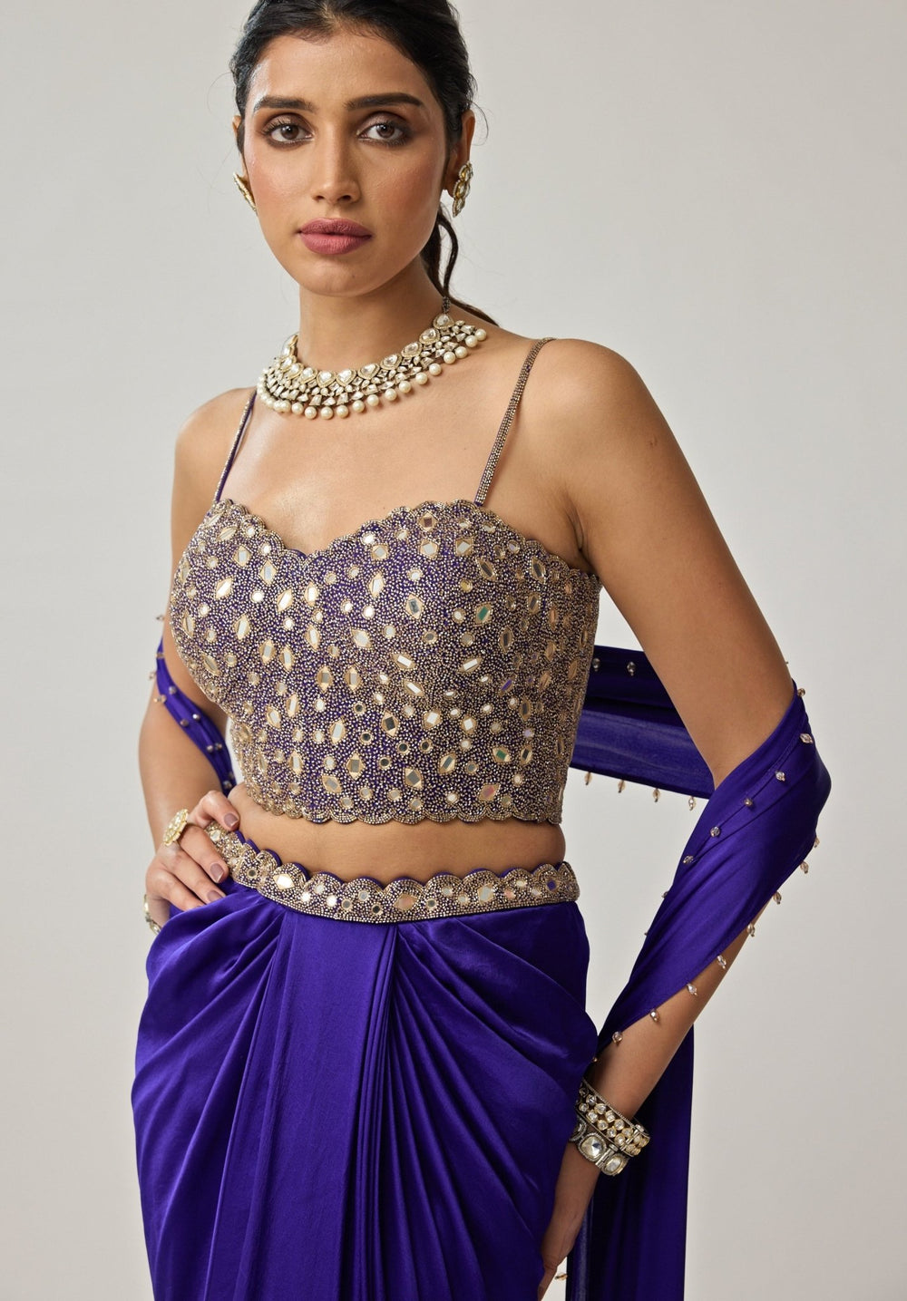 Blue Mirror Embroidered Corset With Satin Draped Skirt Vvani by Vani Vats - Fabilicious Fashion