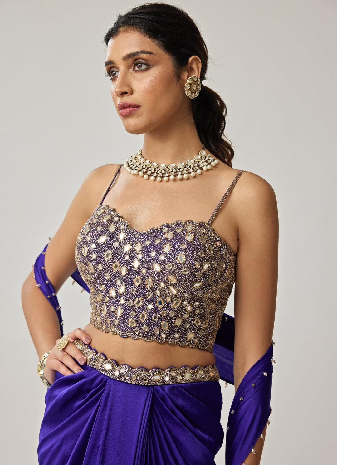 Blue Mirror Embroidered Corset With Satin Draped Skirt Vvani by Vani Vats - Fabilicious Fashion