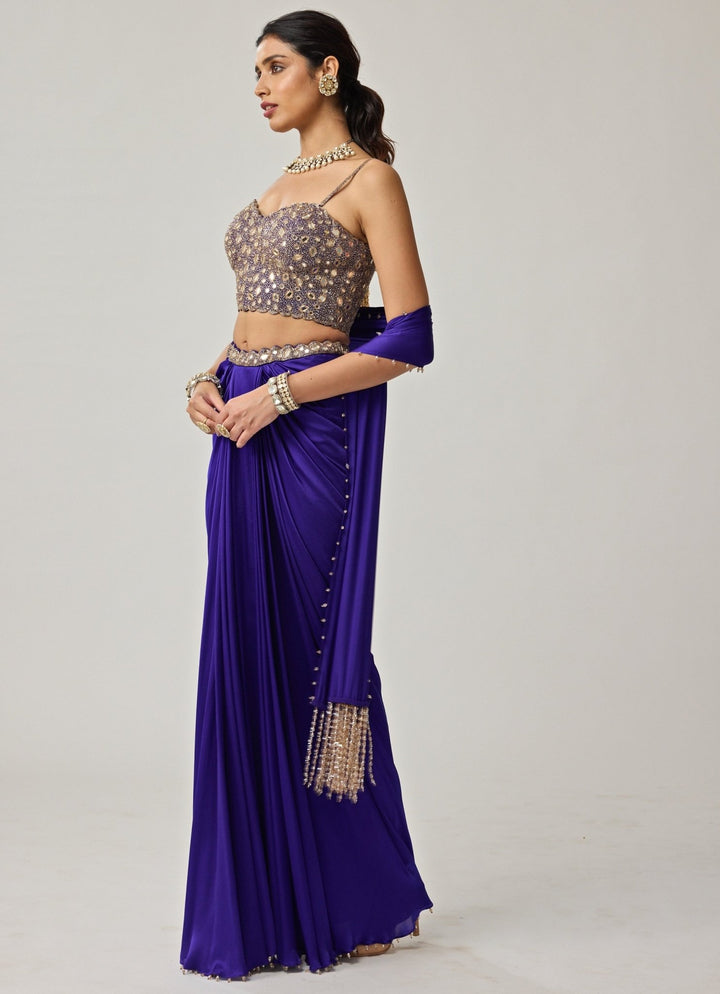 Blue Mirror Embroidered Corset With Satin Draped Skirt Vvani by Vani Vats - Fabilicious Fashion