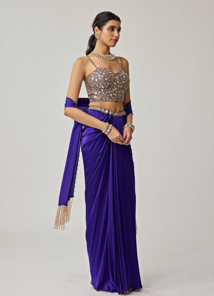 Blue Mirror Embroidered Corset With Satin Draped Skirt Vvani by Vani Vats - Fabilicious Fashion
