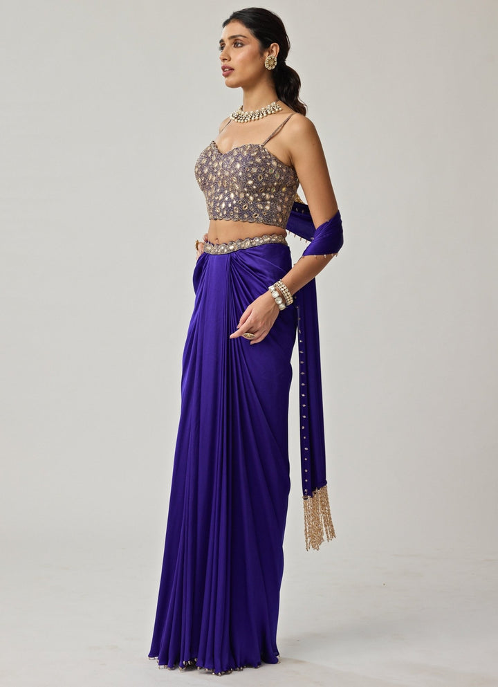 Blue Mirror Embroidered Corset With Satin Draped Skirt Vvani by Vani Vats - Fabilicious Fashion