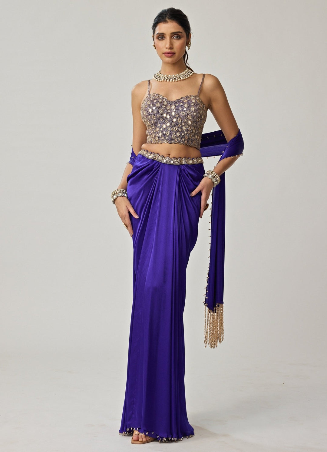 Blue Mirror Embroidered Corset With Satin Draped Skirt Vvani by Vani Vats - Fabilicious Fashion