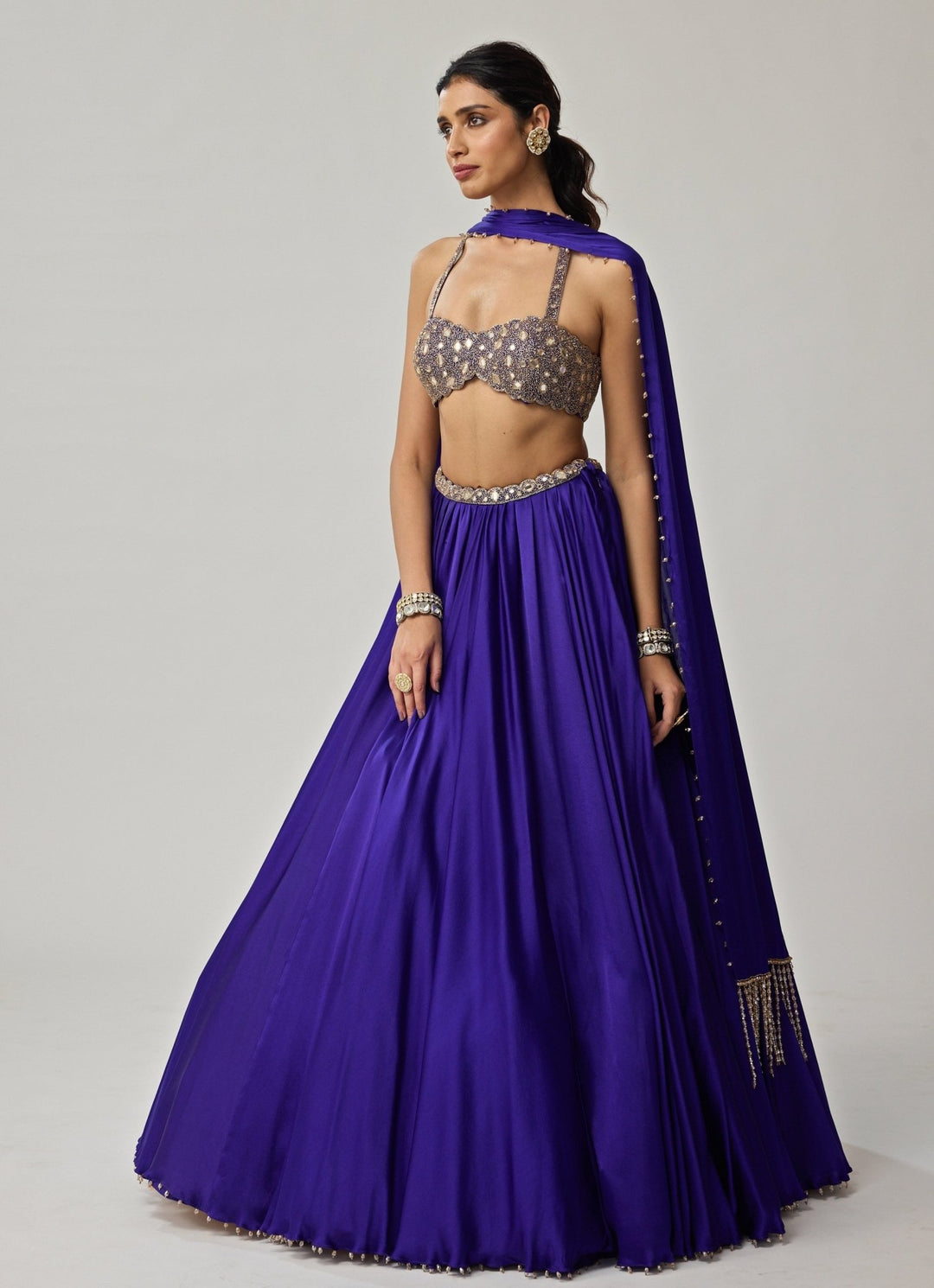 Blue Mirror Embroidered Satin Lehenga Set Vvani by Vani Vats - Fabilicious Fashion