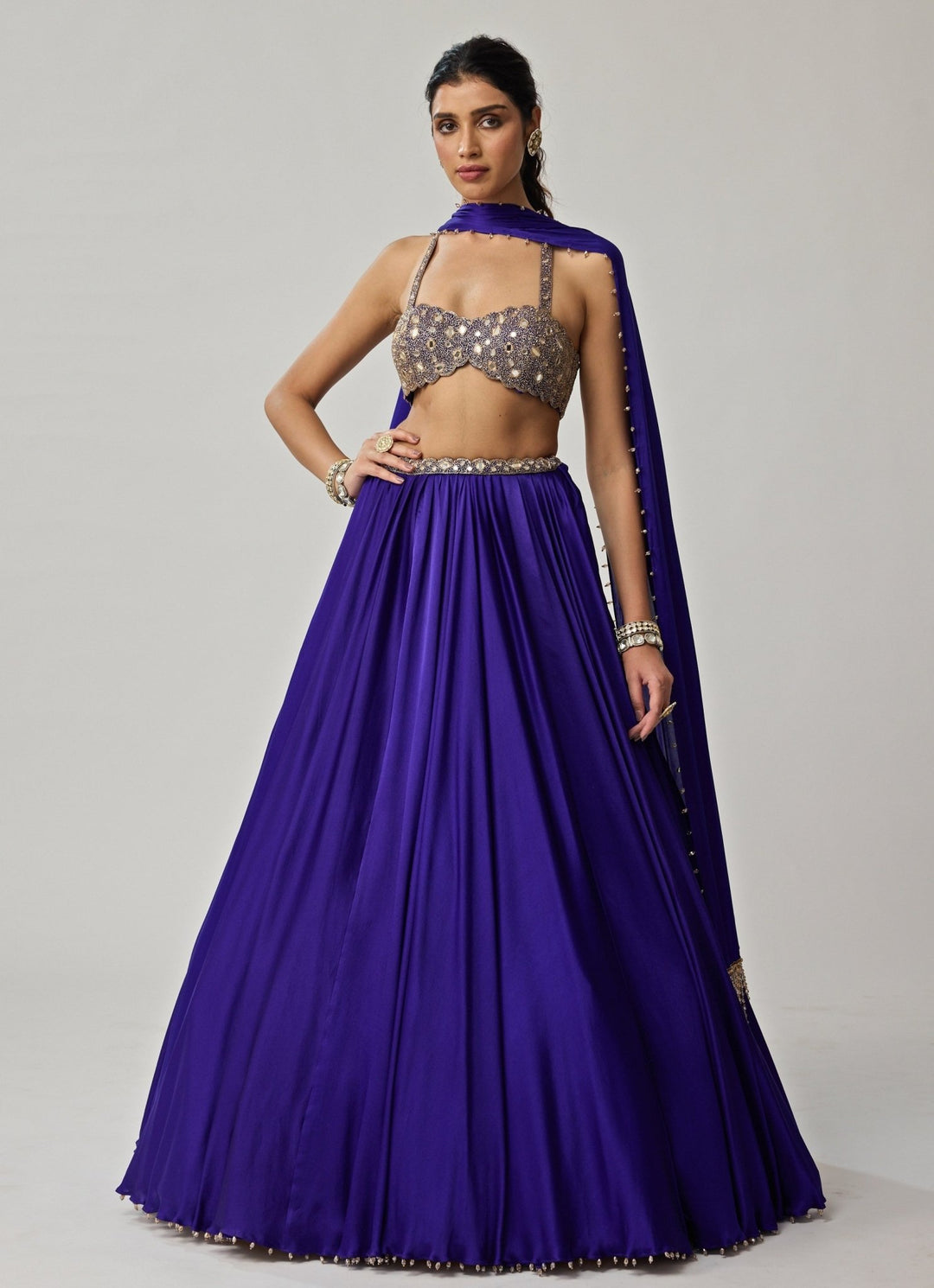 Blue Mirror Embroidered Satin Lehenga Set Vvani by Vani Vats - Fabilicious Fashion