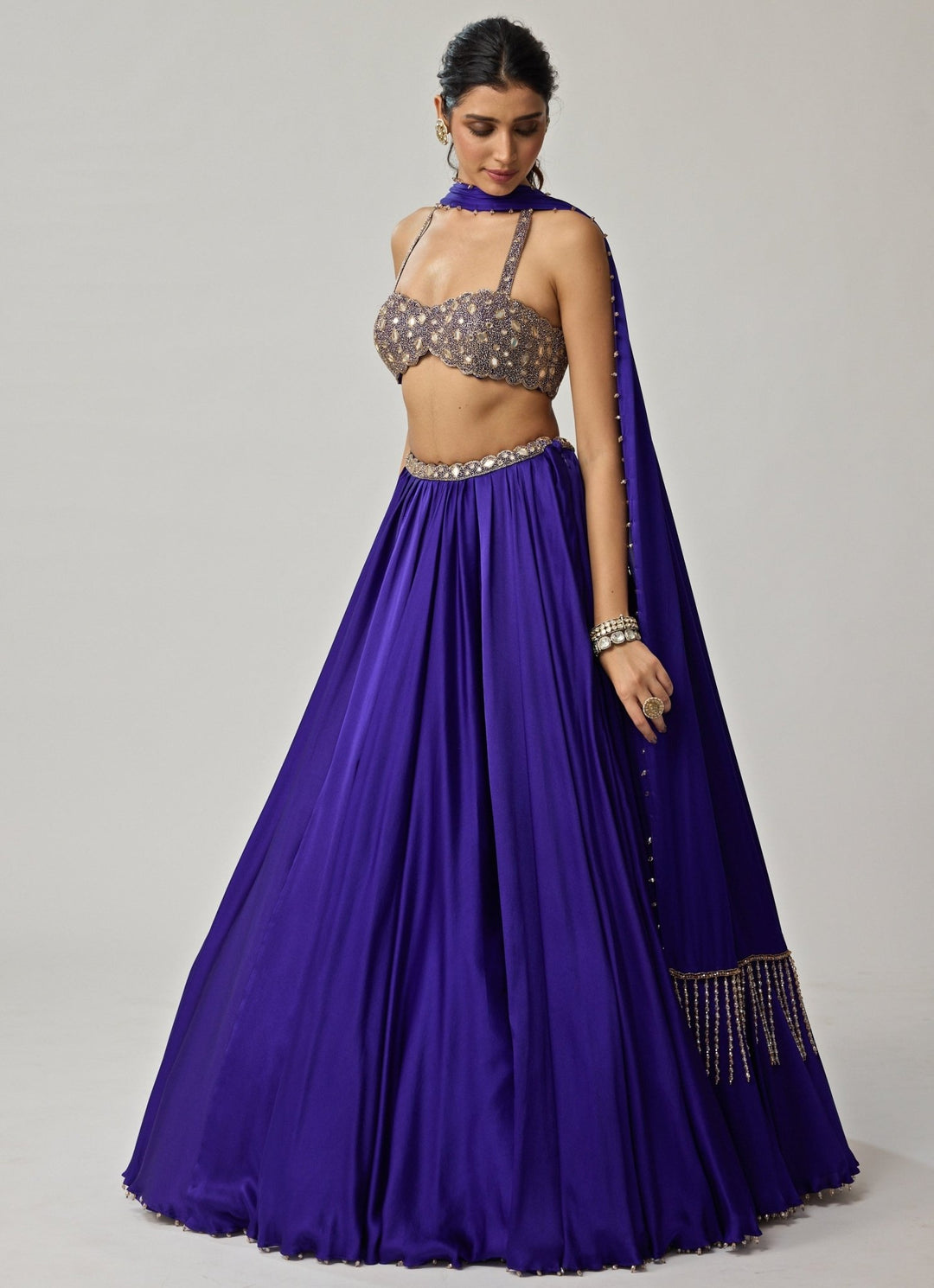 Blue Mirror Embroidered Satin Lehenga Set Vvani by Vani Vats - Fabilicious Fashion