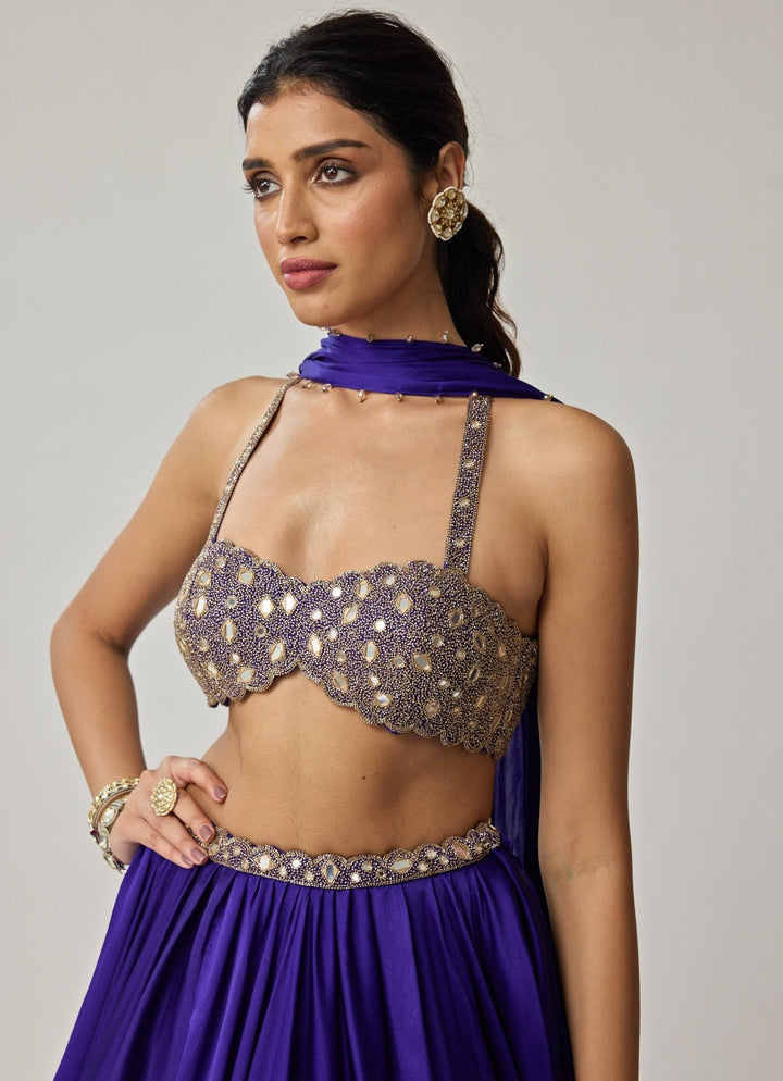 Blue Mirror Embroidered Satin Lehenga Set Vvani by Vani Vats - Fabilicious Fashion