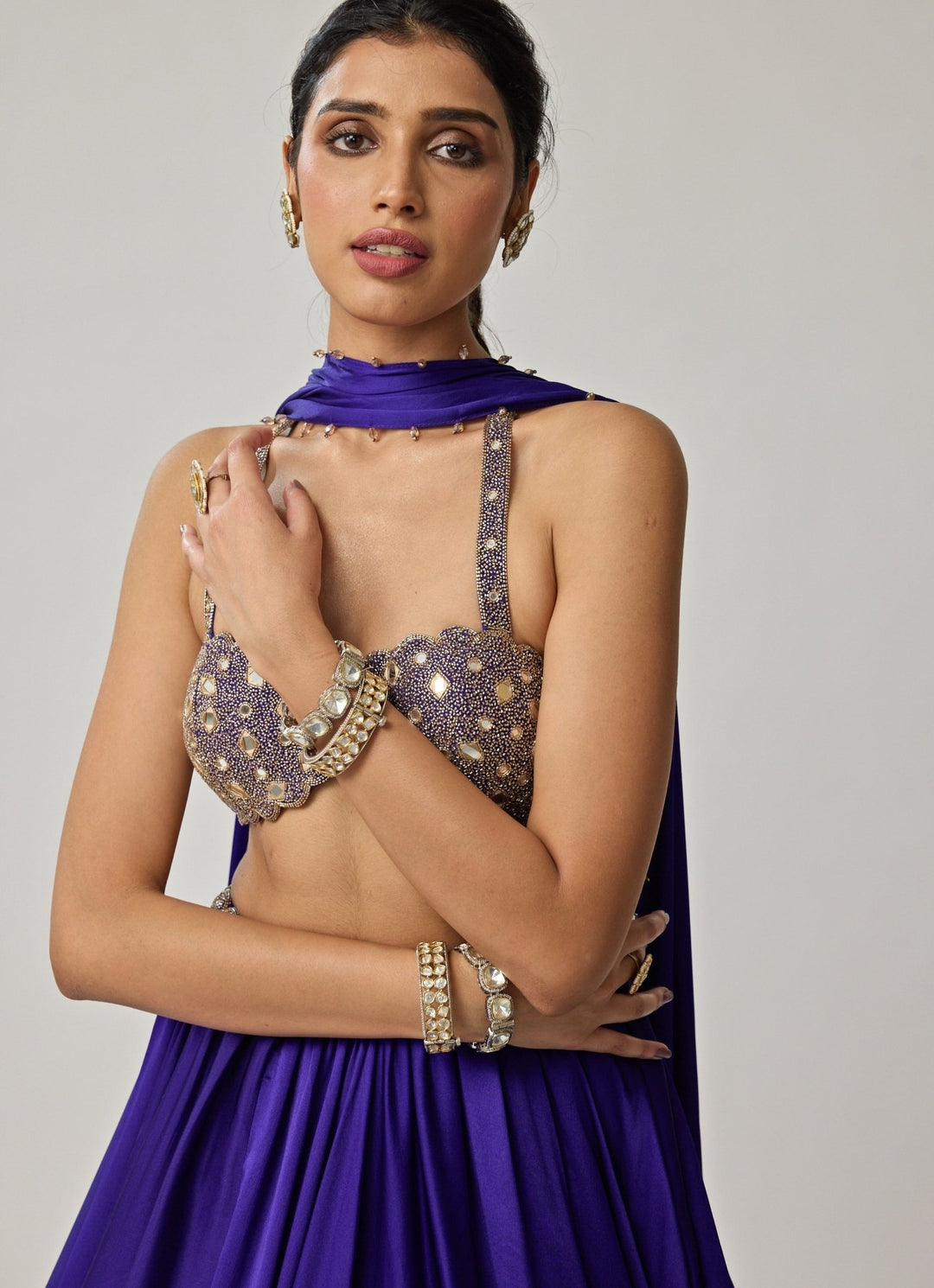 Blue Mirror Embroidered Satin Lehenga Set Vvani by Vani Vats - Fabilicious Fashion