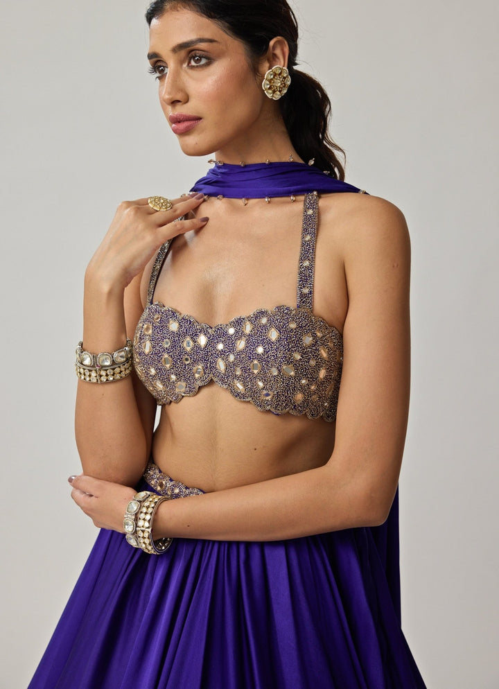 Blue Mirror Embroidered Satin Lehenga Set Vvani by Vani Vats - Fabilicious Fashion