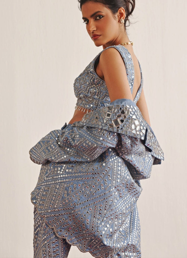 Blue Mirrorwork Co - Ord Set With Blazer Twenty Nine - Fabilicious Fashion