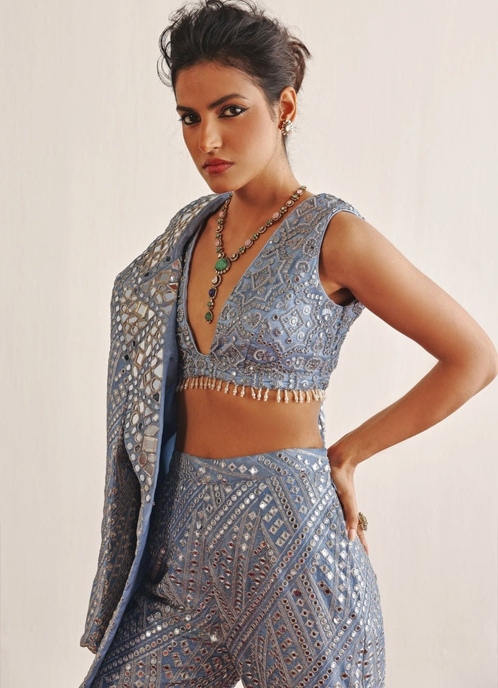 Blue Mirrorwork Co - Ord Set With Blazer Twenty Nine - Fabilicious Fashion