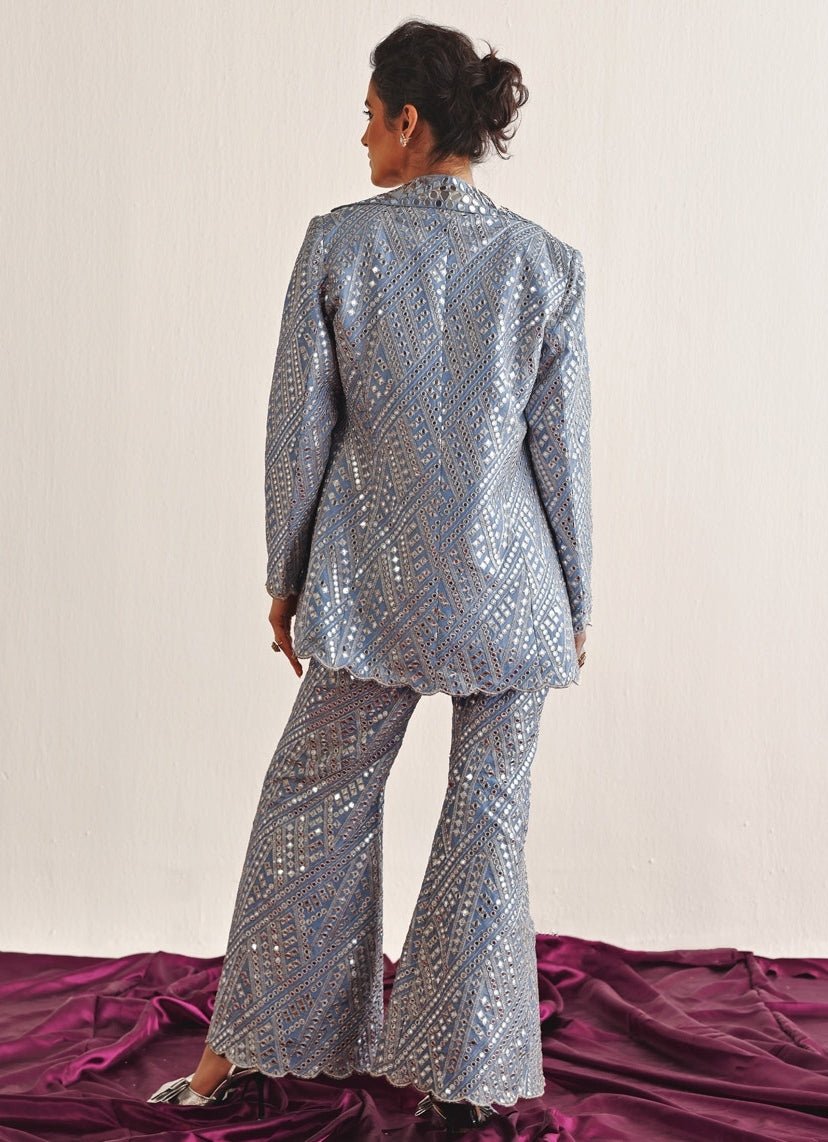 Blue Mirrorwork Co - Ord Set With Blazer Twenty Nine - Fabilicious Fashion