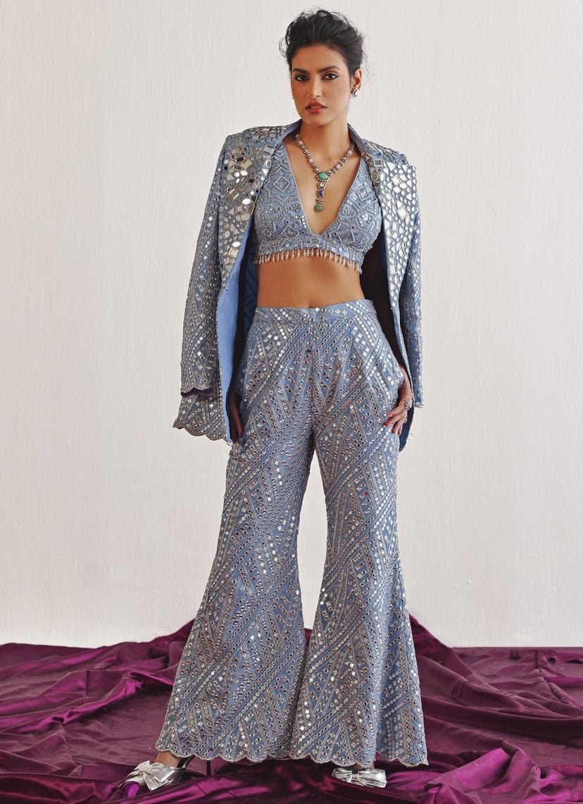 Blue Mirrorwork Co - Ord Set With Blazer Twenty Nine - Fabilicious Fashion