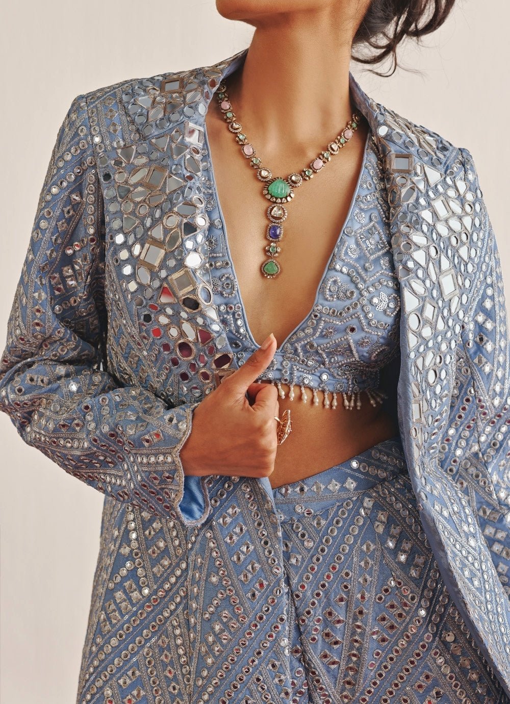 Blue Mirrorwork Co - Ord Set With Blazer Twenty Nine - Fabilicious Fashion