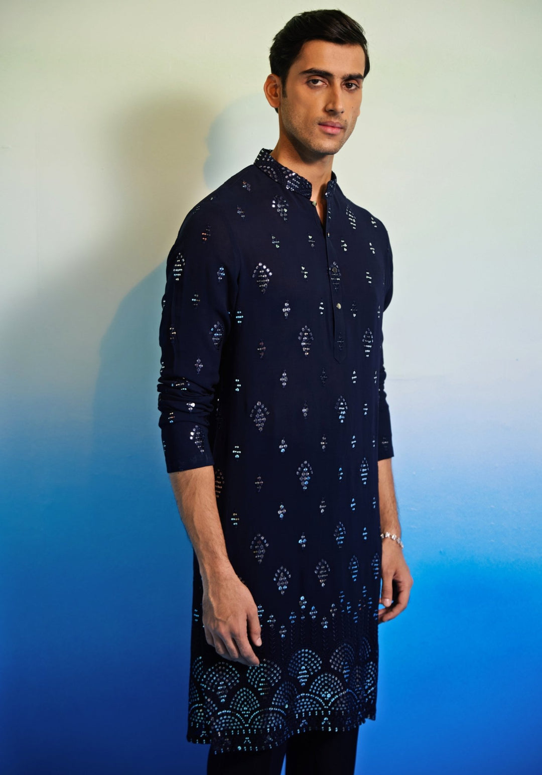 Blue Mirrorwork Kurta Set Contrast by Parth - Fabilicious Fashion
