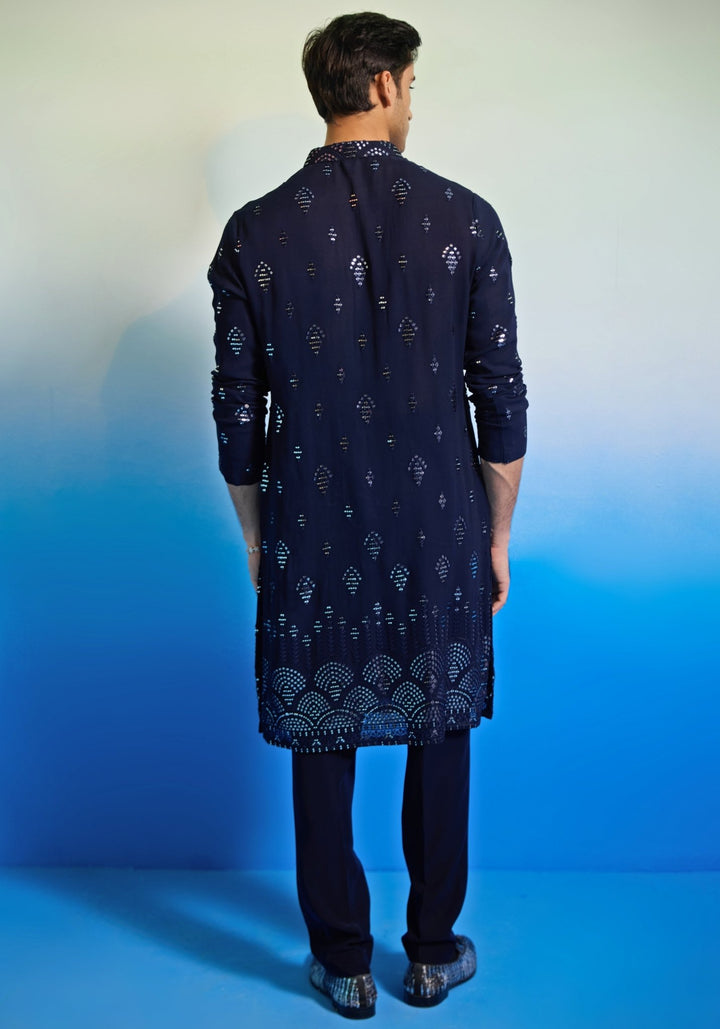 Blue Mirrorwork Kurta Set Contrast by Parth - Fabilicious Fashion