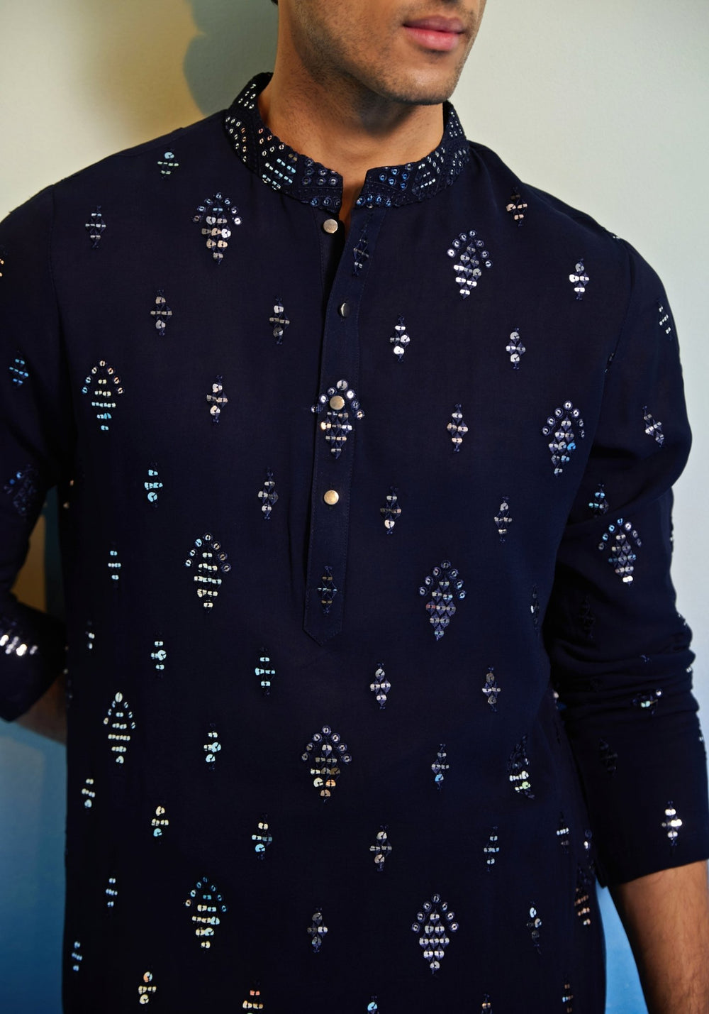 Blue Mirrorwork Kurta Set Contrast by Parth - Fabilicious Fashion