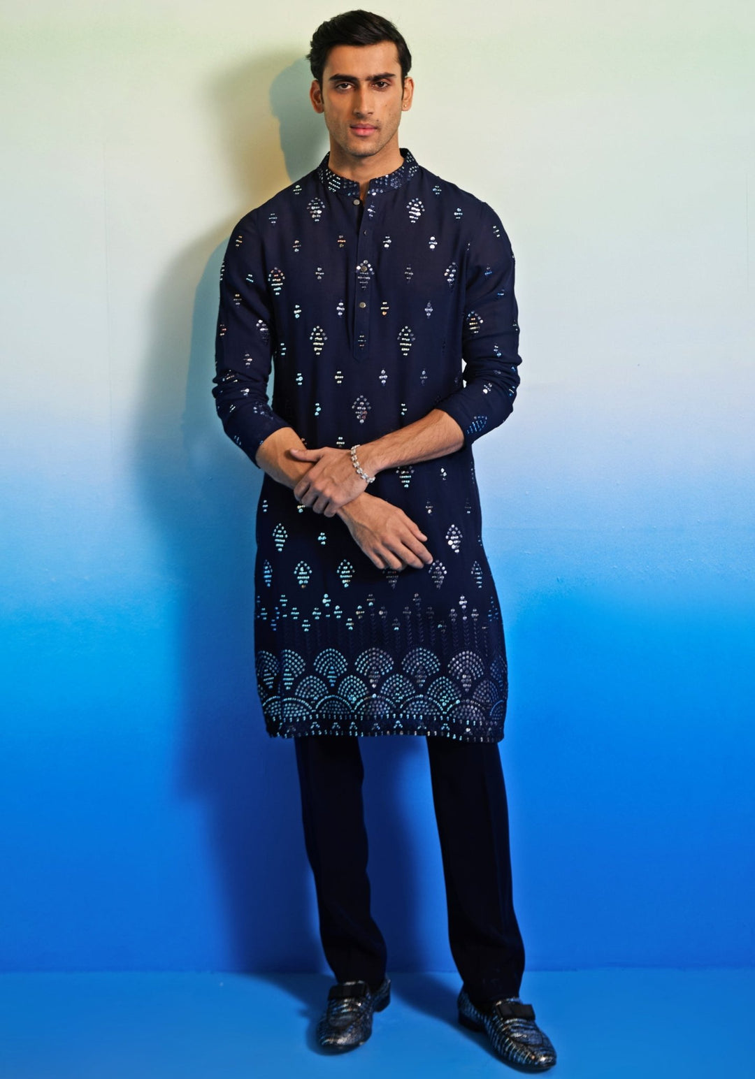 Blue Mirrorwork Kurta Set Contrast by Parth - Fabilicious Fashion
