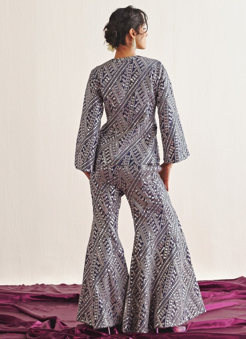 Blue Mirrorwork Pant Set With Blazer Twenty Nine - Fabilicious Fashion