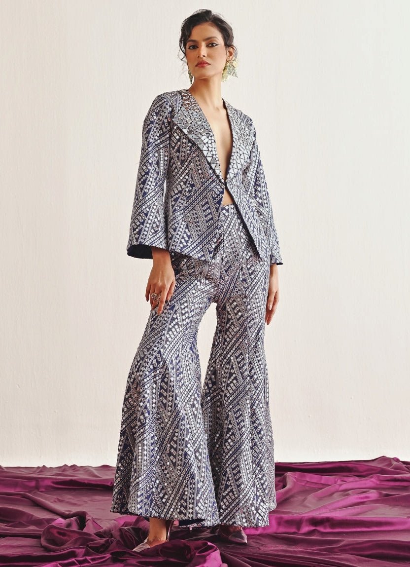 Blue Mirrorwork Pant Set With Blazer Twenty Nine - Fabilicious Fashion