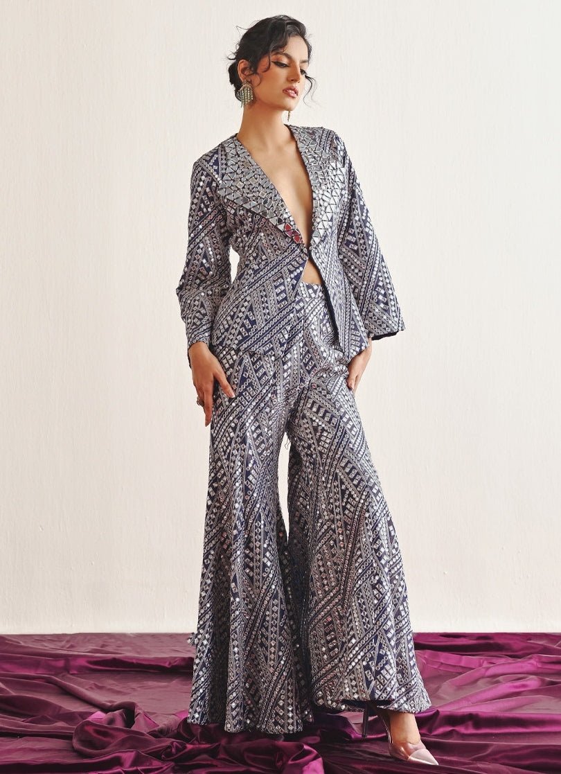 Blue Mirrorwork Pant Set With Blazer Twenty Nine - Fabilicious Fashion
