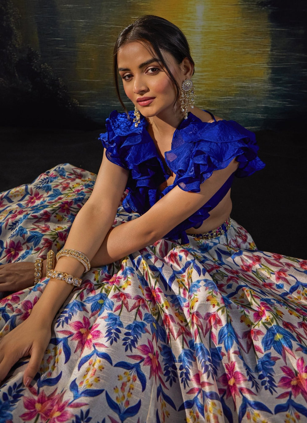 Blue Multi Color Printed Silk Lehenga Set Rashika Sharma - Fabilicious Fashion
