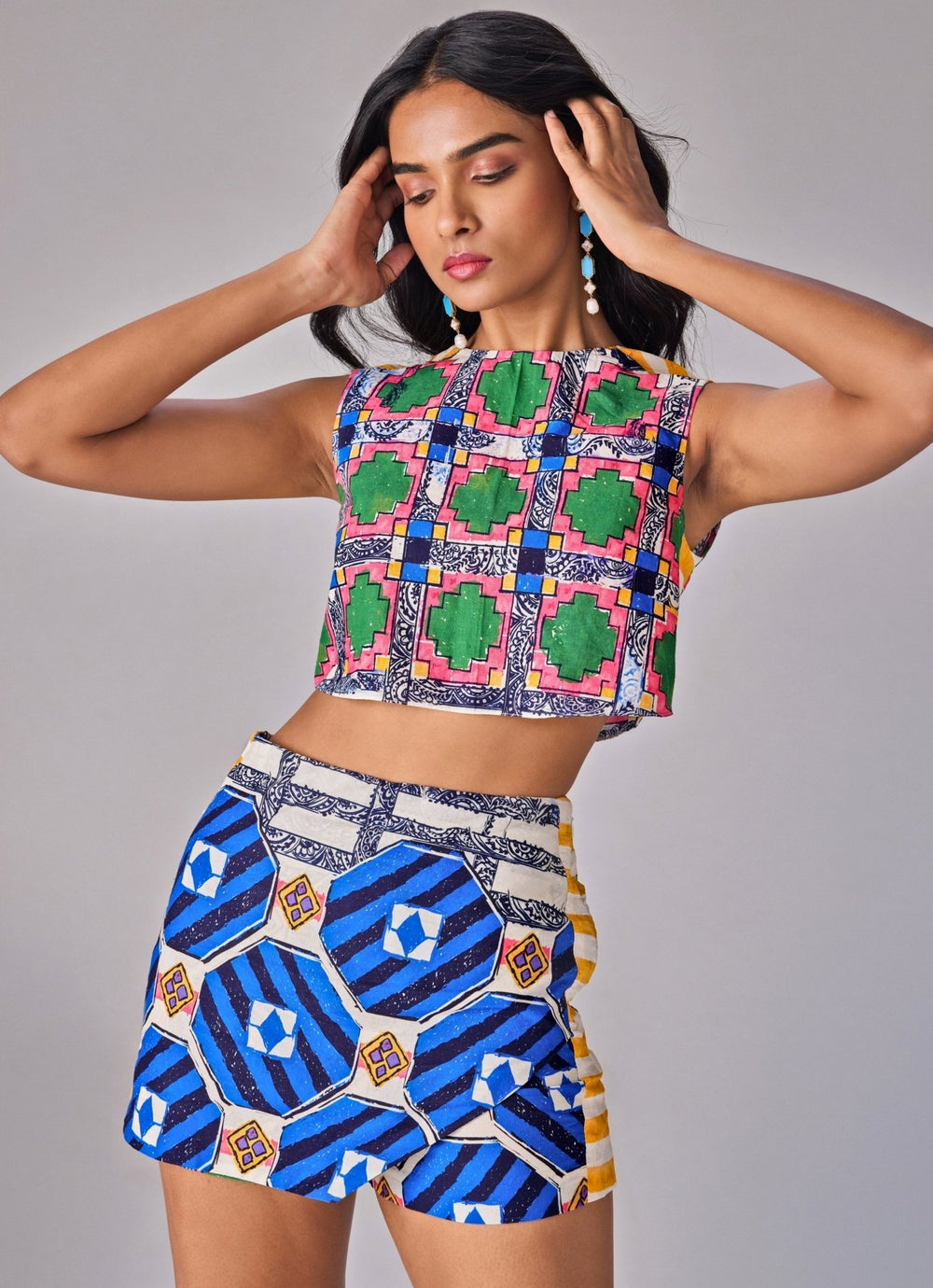 Blue Multicolour Abstract Print Blouse With Short Skirt Saaksha & Kinni - Fabilicious Fashion