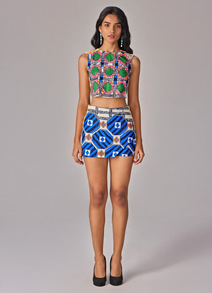 Blue Multicolour Abstract Print Blouse With Short Skirt Saaksha &amp; Kinni - Fabilicious Fashion