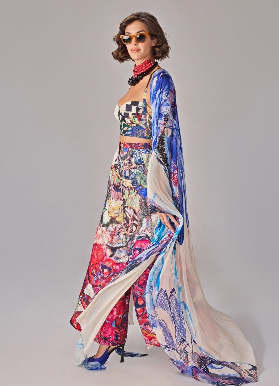 Blue Multicolour Print Palazzo And Cape Set Saaksha &amp; Kinni - Fabilicious Fashion