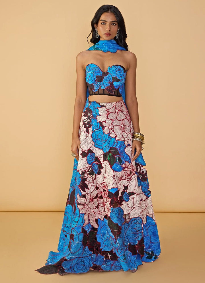 Blue Multicolour Printed Corset Lehenga Set Saaksha &amp; Kinni - Fabilicious Fashion